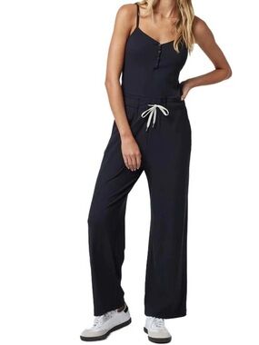 VUORI Black Ribbed Knit Pose Henley Drawstring Pant Jumpsuit Shelf Bra
